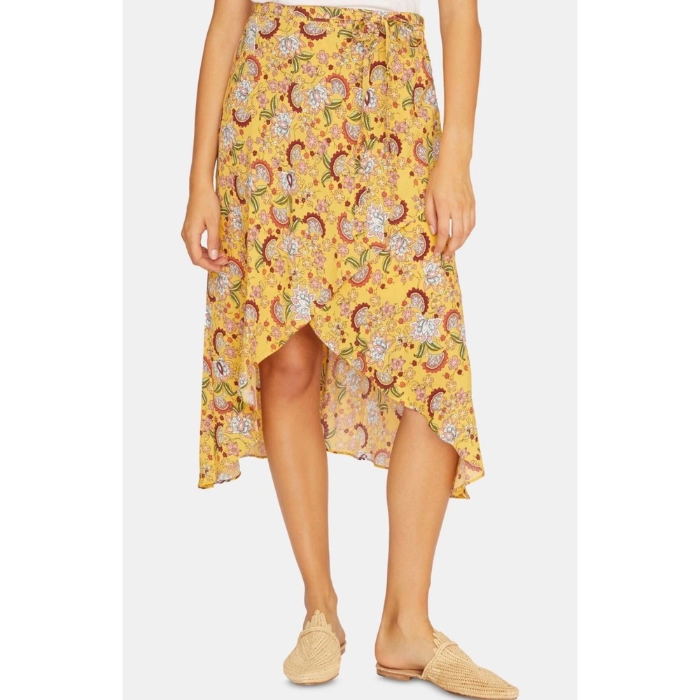 Anthropologie Sanctuary Jamie Faux Wrap Midi Skirt Artist Sunray Yellow Floral S